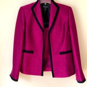 Magenta jacket with black trim and matching sleeveless top